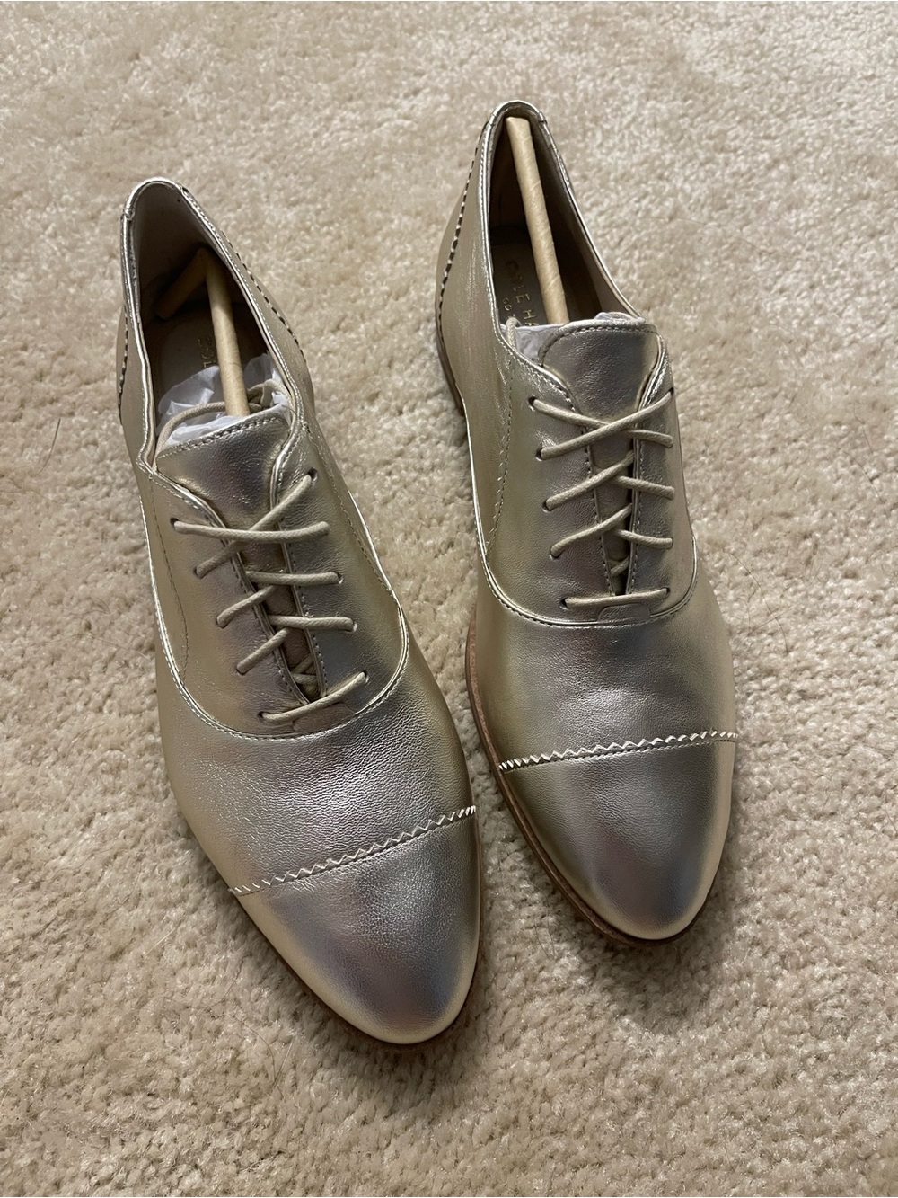 Cole Haan Metallic Silver Lace-Up Oxford Flats
